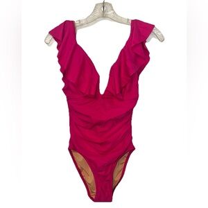 J Crew Swimsuit Women’s Size 4‎ Ruched Ruffle One-Piece Pink Fuchsia V Neck New